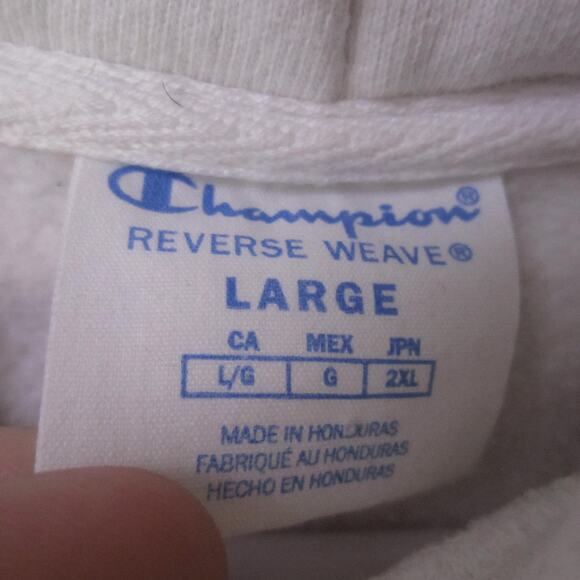 Champion Hoodie Mens Large White Reverse Weave Pullover Fleece C Logo Sleeve - Picture 3 of 9